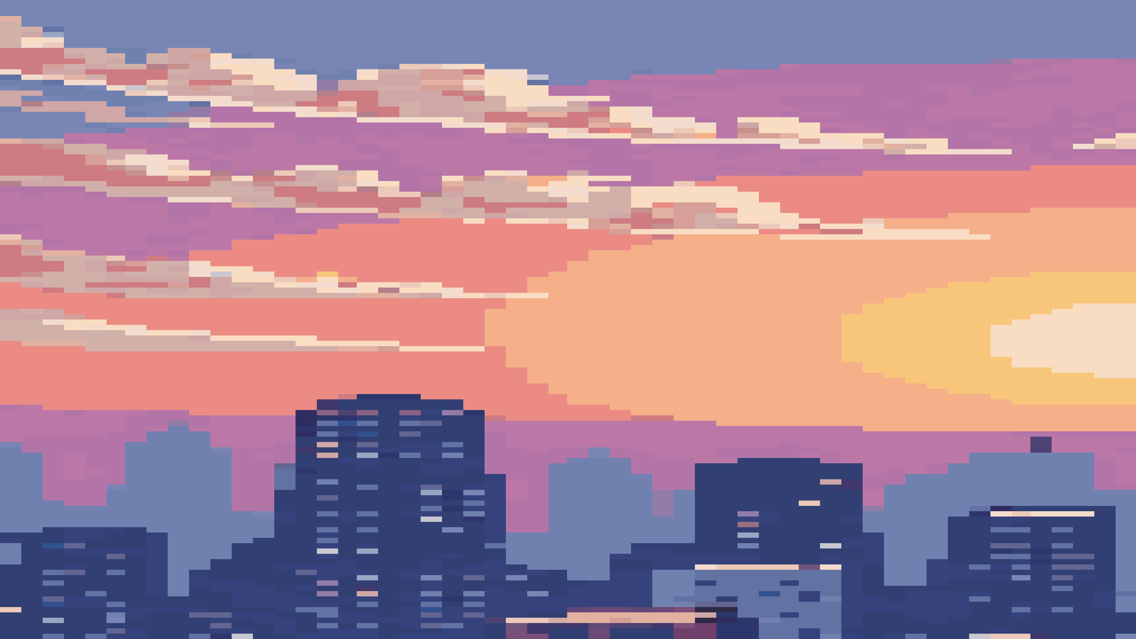 A Hapax world in pixel art: a city skyline under a pink sunset