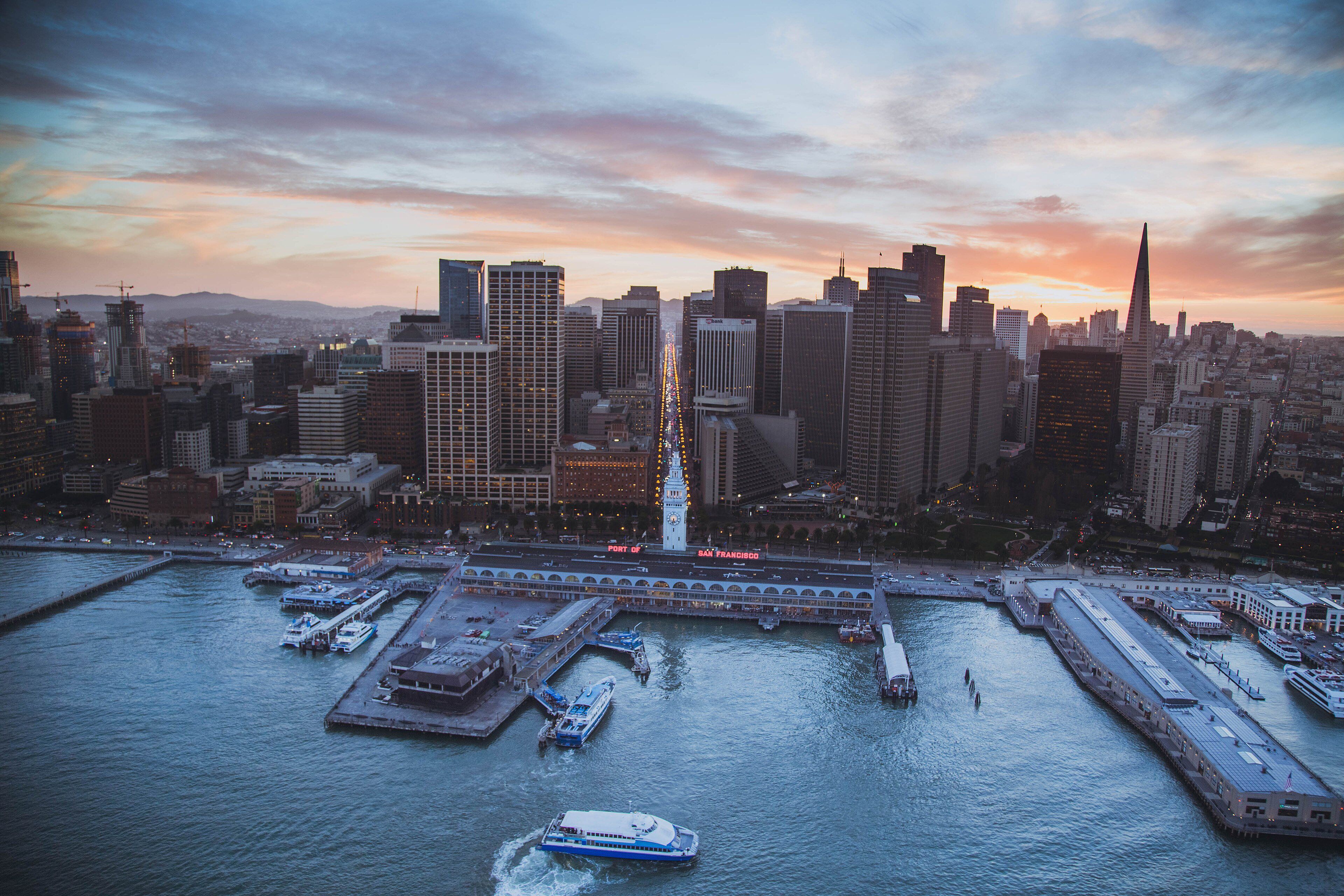 The Port of San Francisco and the city skyline at dusk, seen from the air