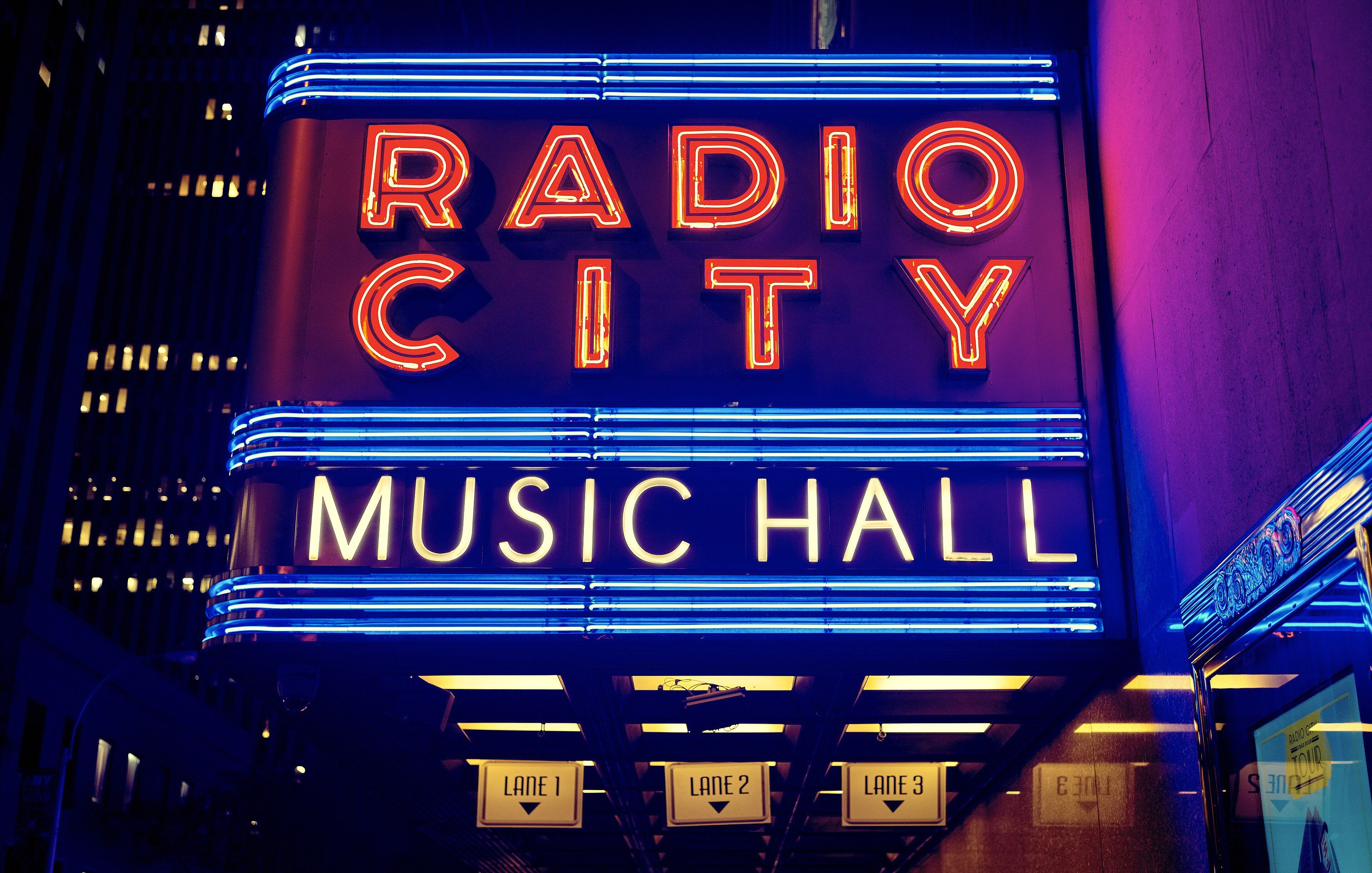 The neon sign of Radio City Music Hall at night