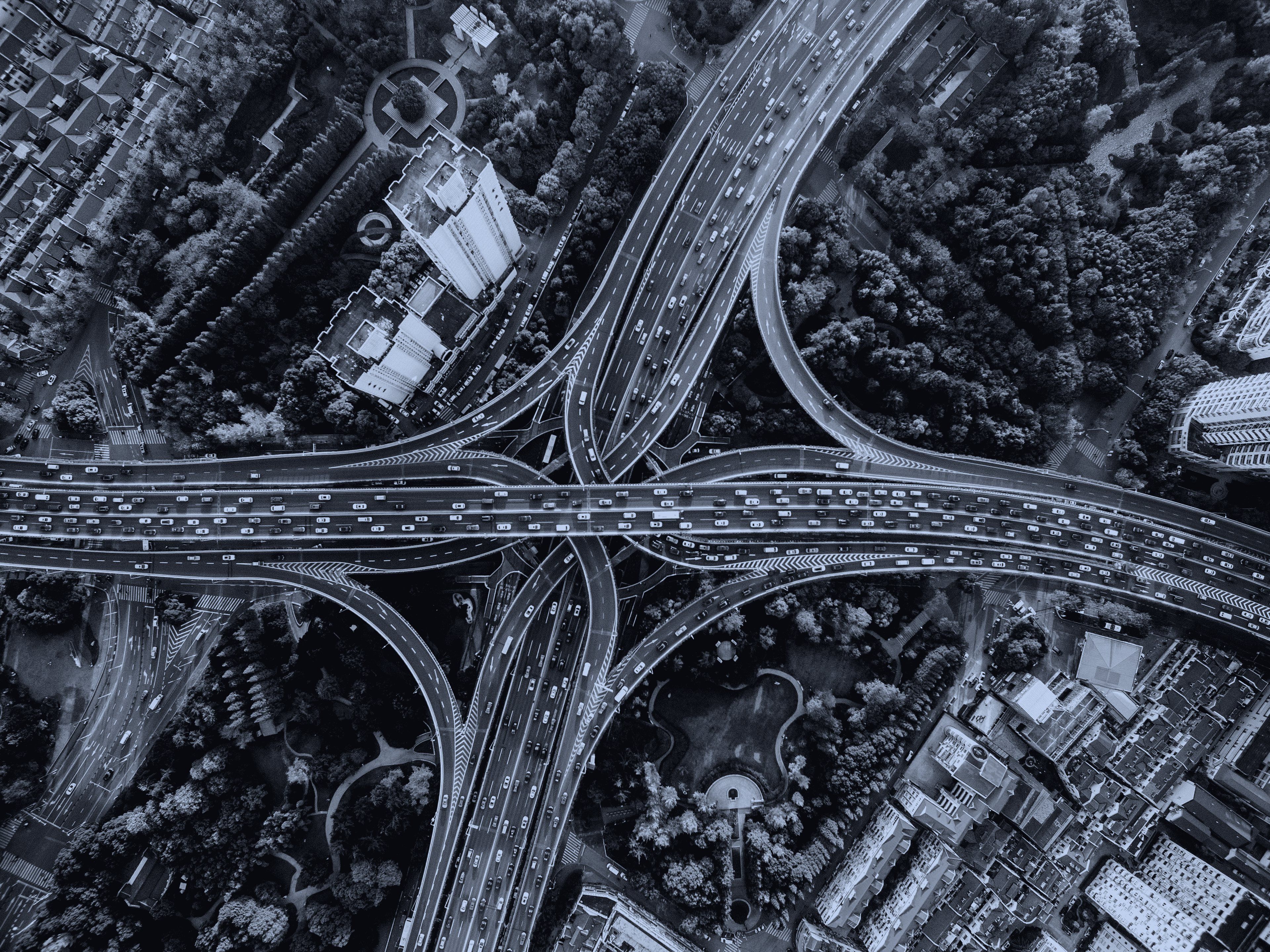 Yan’an East Road Interchange in Shanghai from directly above, toned in Comet’s midnight blue